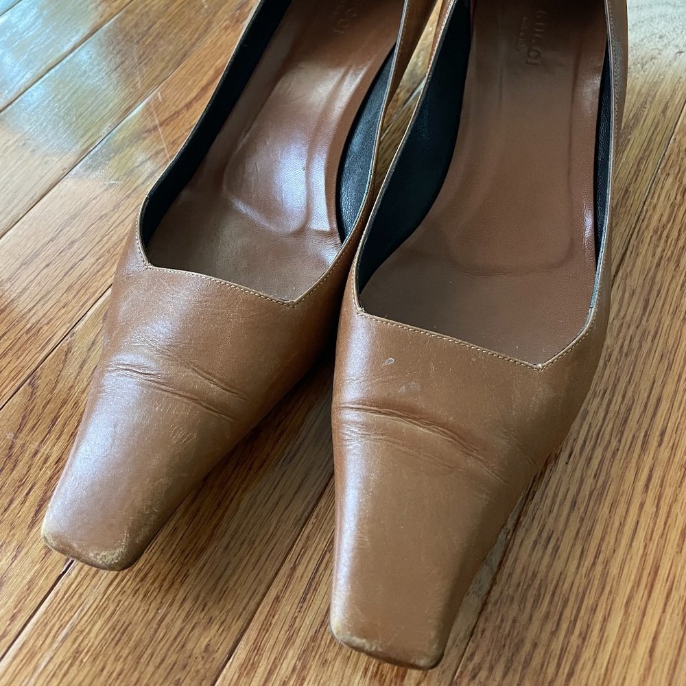 Caramel Brown Gucci Kitty Heels Square Toe Shoes SZ 9 1/2 B